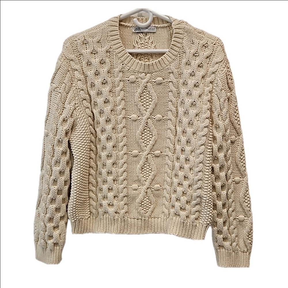 Zara Sweater Crew Neck Chunky Knit Off White Women's Small